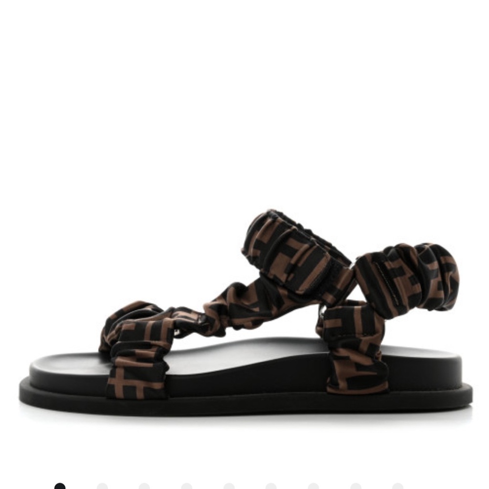 Fendi Satin FF Ruched Sandals 9 Tobacco Black